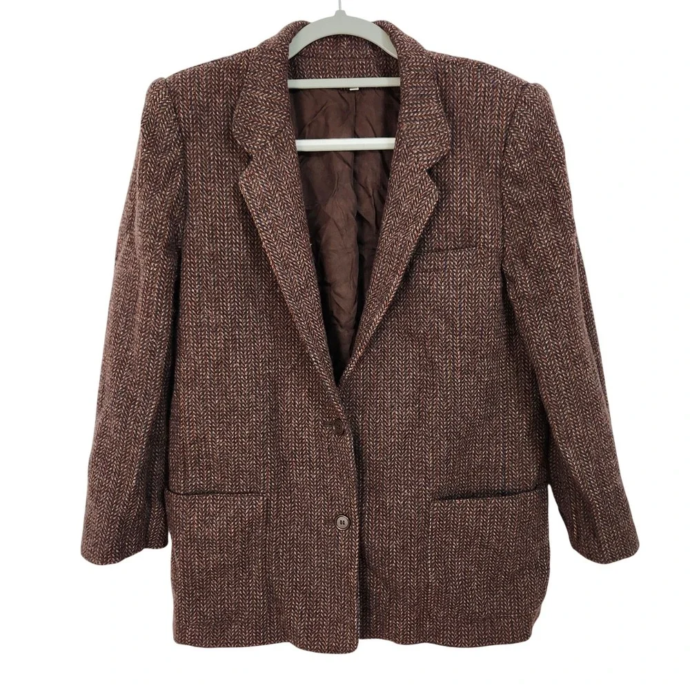 Vintage 80s Peabody House Wool Tweed Blazer Jacket Womens 11/12 Rust Brown Lined